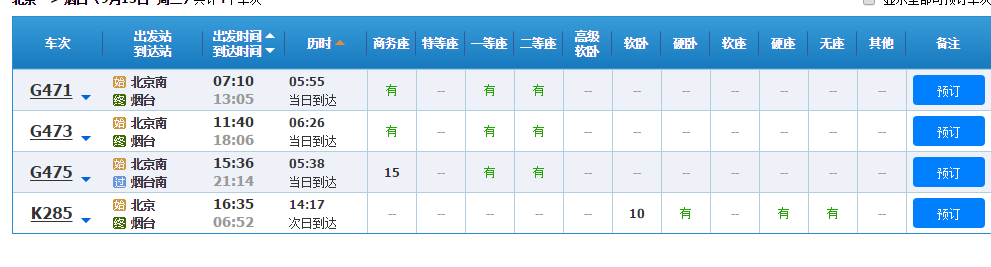 2016年9月3号从北京到烟台的火车时刻表