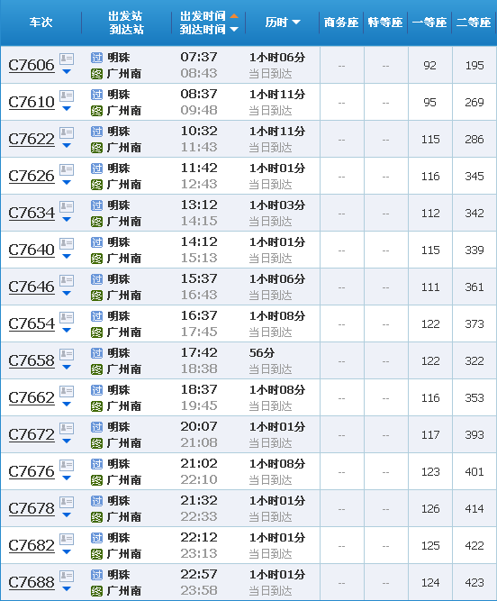 珠海明珠站到广州轻轨时刻表