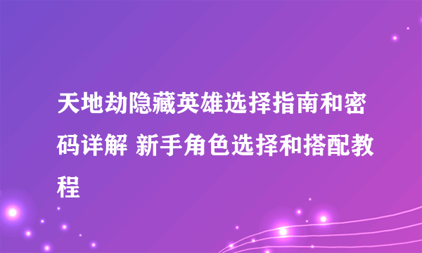 天地劫隐藏英雄选择指南和密码详解 新手角色选择和搭配教程