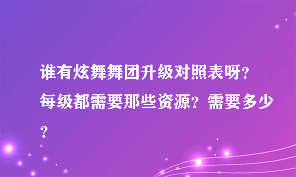 谁有炫舞舞团升级对照表呀？每级都需要那些资源？需要多少？